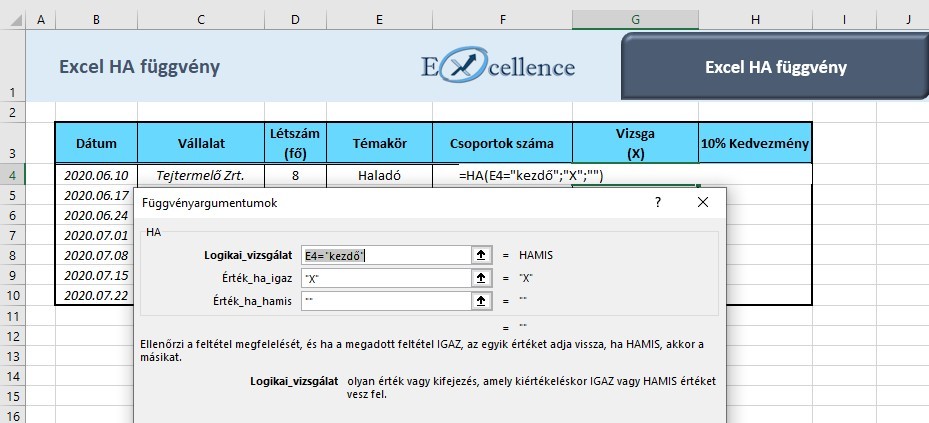 Excel HA függvény példa